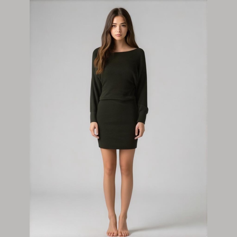 REVAMPED Bodycon Mini Dress Boatneck Dolman Sleeves Ribbed Blk Sz M